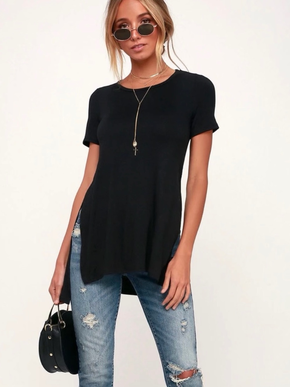 Lulu's Black Short-Sleeve Side-Slit Crewneck Top
Long length